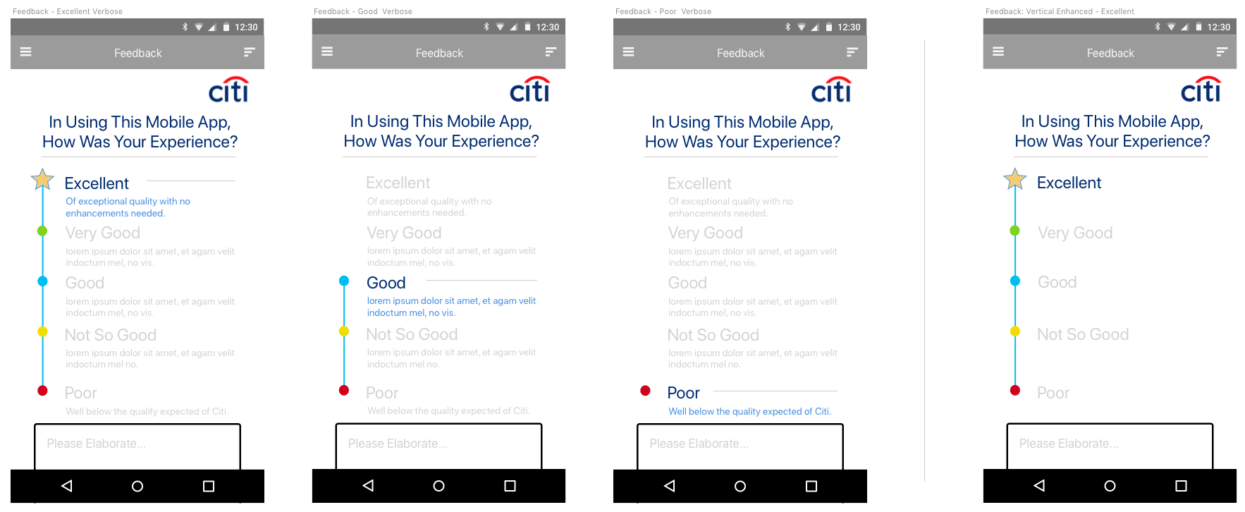 Citi mobile feedback — verbose rating variants with vertical controls and explanatory text