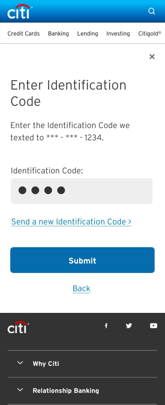 Enter Identification Code modal — masked code field, Submit and Back, with a link to send a new code