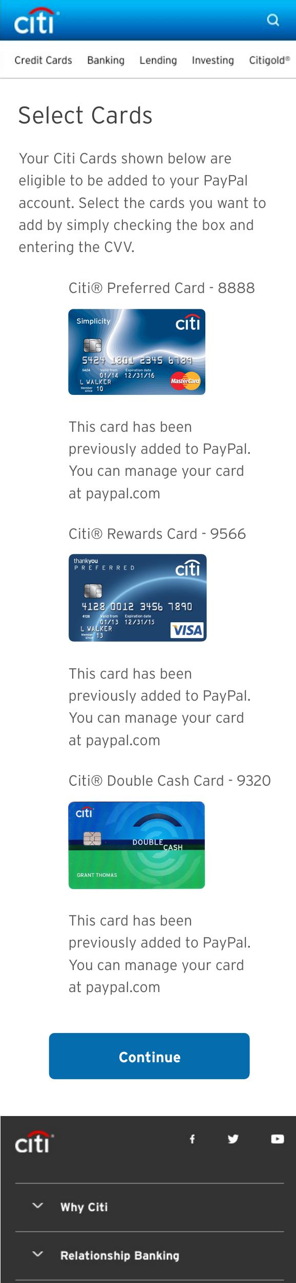 Select Cards comp — all three cards showing “This card has been previously added to PayPal. You can manage your card at paypal.com”